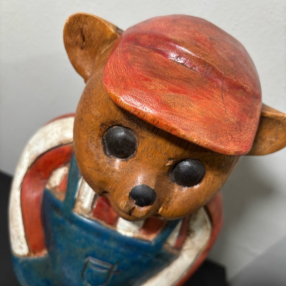 Hand Carved Wooden Bear Sculpture Door Stop Folk Art Patriotic Cabin Decor Vtg - Picture 5 of 16